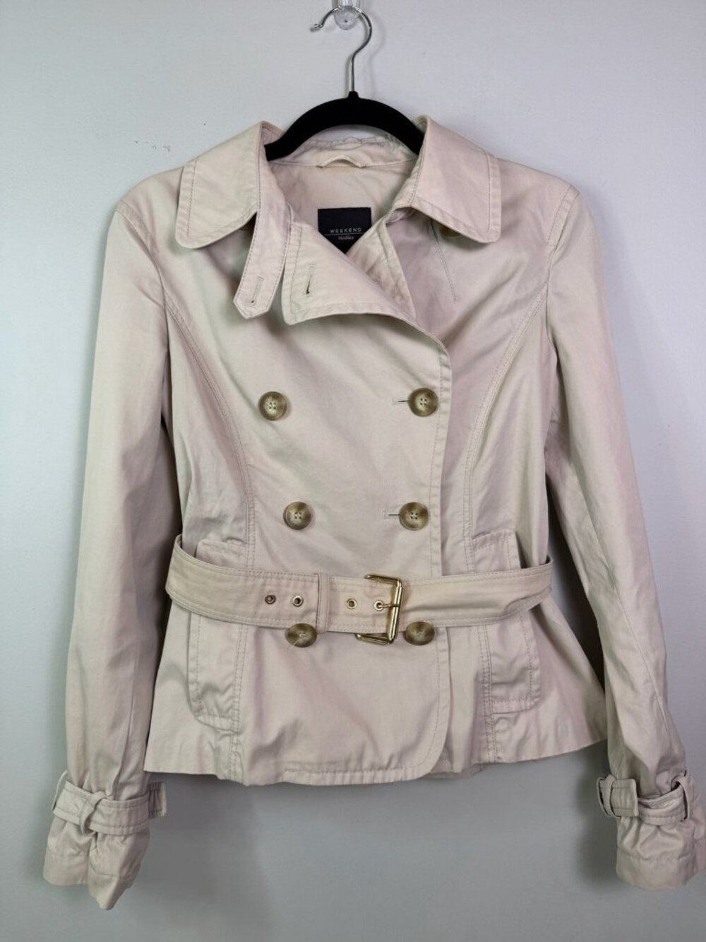 Weekend Max Mara Double-Breasted Beige Belted Cropped Trench Coat Size 8